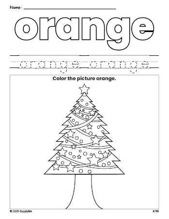 Free Christmas tree color orange coloring page and color worksheet, orange worksheet for preschoolers to learn colors, printable PDF