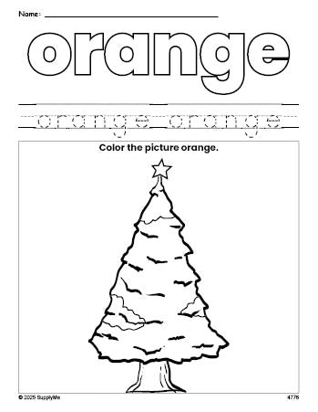 Free Christmas tree color orange coloring page and color worksheet, orange worksheet for preschoolers to learn colors, printable PDF
