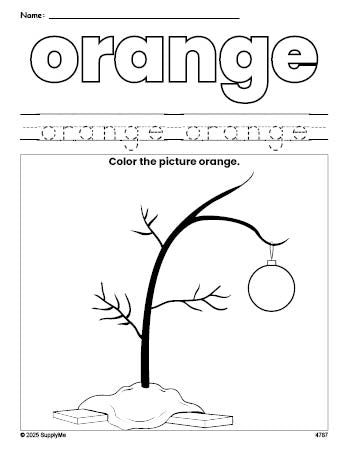 Free Christmas tree color orange coloring page and color worksheet, orange worksheet for preschoolers to learn colors, printable PDF