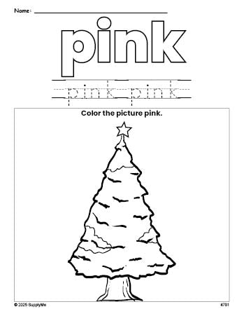 Free Christmas tree color pink coloring page and color worksheet, pink worksheet for preschoolers to learn colors, printable PDF