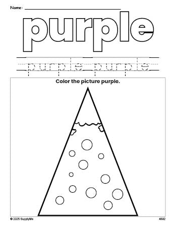 Free Christmas tree color purple coloring page and color worksheet, purple worksheet for preschoolers to learn colors, printable PDF