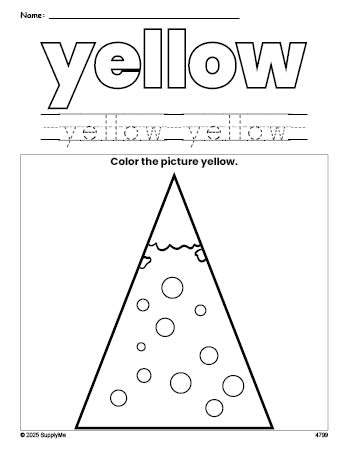 Free Christmas tree color yellow coloring page and color worksheet, yellow worksheet for preschoolers to learn colors, printable PDF