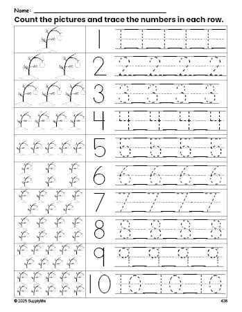 Free printable Christmas tree counting worksheet for preschool and pre-k with number tracing practice 1-10, PDF