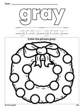 Free Christmas wreath color gray coloring page and color worksheet, gray worksheet for preschoolers to learn colors, printable PDF