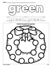 Free Christmas wreath color green coloring page and color worksheet, green worksheet for preschoolers to learn colors, printable PDF