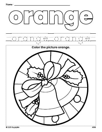 Free Christmas wreath color orange coloring page and color worksheet, orange worksheet for preschoolers to learn colors, printable PDF
