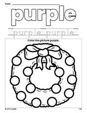 Free Christmas wreath color purple coloring page and color worksheet, purple worksheet for preschoolers to learn colors, printable PDF
