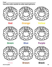 Free Christmas wreath coloring page and color worksheet for preschoolers to learn colors, printable PDF