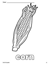 Free printable corn Thanksgiving coloring page for preschool, pre-k, and kindergarten, PDF