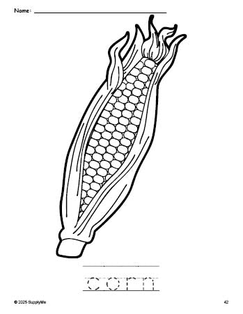 Free printable corn Thanksgiving coloring page and word tracing worksheet, perfect for preschool, pre-k, and kindergarten, PDF
