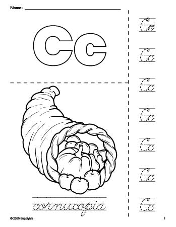 Free printable cornucopia Thanksgiving coloring page and cursive letter tracing worksheet, letter c worksheet for preschool, pre-k, and kindergarten, PDF