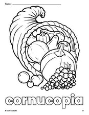 Free printable cornucopia Thanksgiving coloring page for preschool, pre-k, and kindergarten, PDF