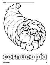 Free printable cornucopia Thanksgiving coloring page for preschool, pre-k, and kindergarten, PDF