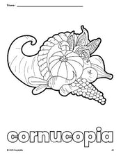 Free printable cornucopia Thanksgiving coloring page for preschool, pre-k, and kindergarten, PDF