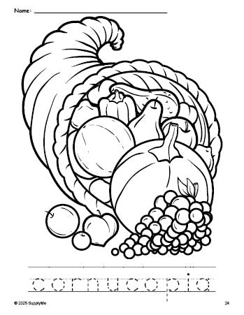 Free printable cornucopia Thanksgiving coloring page and word tracing worksheet, perfect for preschool, pre-k, and kindergarten, PDF