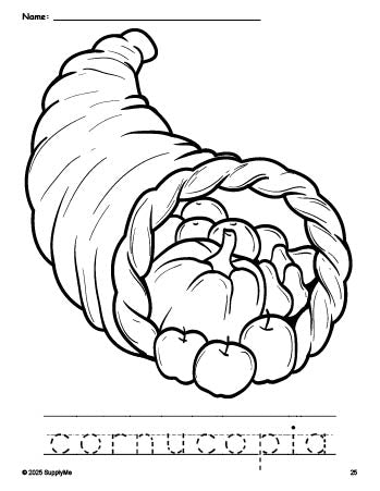 Free printable cornucopia Thanksgiving coloring page and word tracing worksheet, perfect for preschool, pre-k, and kindergarten, PDF