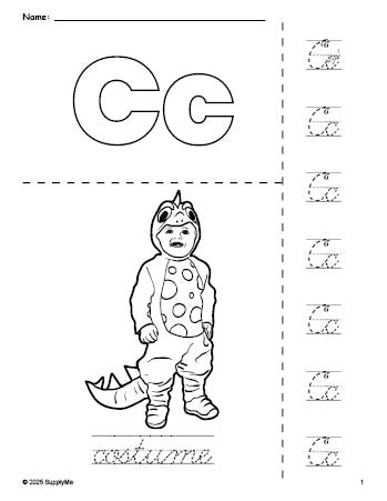 Free printable costume Halloween coloring page and cursive letter tracing worksheet, letter c worksheet for preschool, pre-k, and kindergarten, PDF