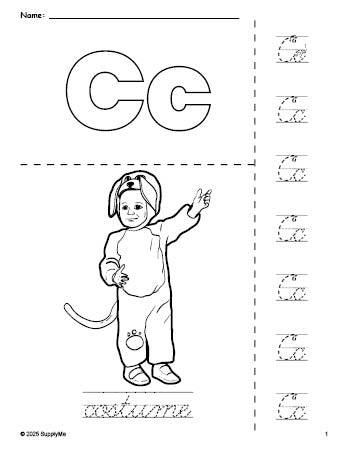 Free printable costume Halloween coloring page and cursive letter tracing worksheet, letter c worksheet for preschool, pre-k, and kindergarten, PDF