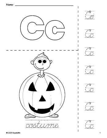 Free printable costume Halloween coloring page and cursive letter tracing worksheet, letter c worksheet for preschool, pre-k, and kindergarten, PDF