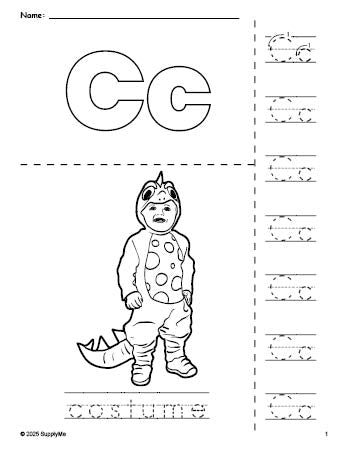 Free printable costume Halloween coloring page and letter tracing worksheet, letter c worksheet for preschool, pre-k, and kindergarten, PDF