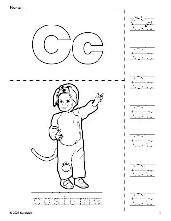 Free printable costume Halloween coloring page and letter tracing worksheet, letter c worksheet for preschool, pre-k, and kindergarten, PDF