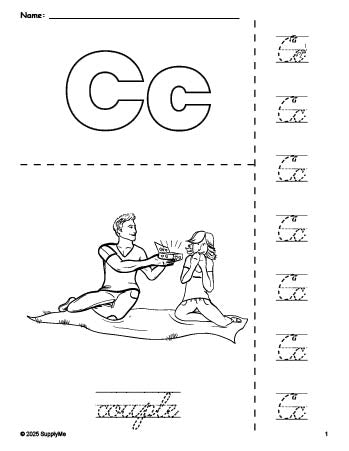 Free printable couple Valentine's Day coloring page and cursive letter tracing worksheet, letter c worksheet for preschool, pre-k, and kindergarten, PDF