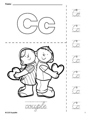 Free printable couple Valentine's Day coloring page and cursive letter tracing worksheet, letter c worksheet for preschool, pre-k, and kindergarten, PDF