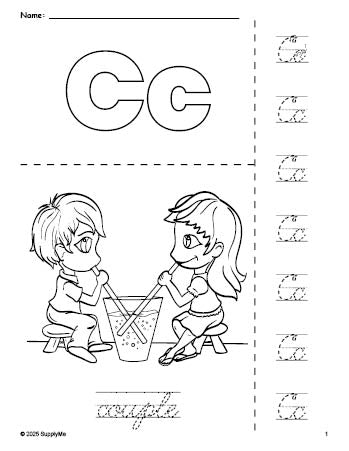 Free printable couple Valentine's Day coloring page and cursive letter tracing worksheet, letter c worksheet for preschool, pre-k, and kindergarten, PDF