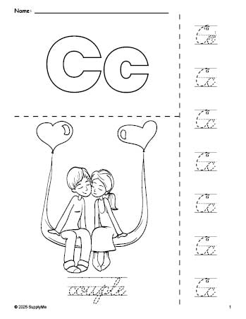 Free printable couple Valentine's Day coloring page and cursive letter tracing worksheet, letter c worksheet for preschool, pre-k, and kindergarten, PDF