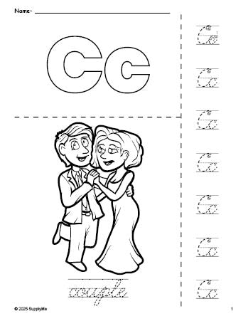 Free printable couple Valentine's Day coloring page and cursive letter tracing worksheet, letter c worksheet for preschool, pre-k, and kindergarten, PDF