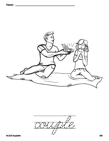 Free printable couple Valentine's Day coloring page and cursive word tracing worksheet, perfect for preschool, pre-k, and kindergarten, PDF