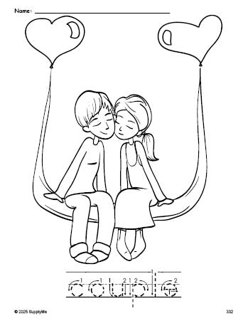 Free printable couple Valentine's Day coloring page and word tracing worksheet, letter formation guides, perfect for preschool, pre-k, and kindergarten, PDF
