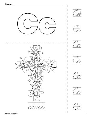 Free printable cross Easter coloring page and cursive letter tracing worksheet, letter c worksheet for preschool, pre-k, and kindergarten, PDF