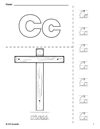 Free printable cross Easter coloring page and cursive letter tracing worksheet, letter c worksheet for preschool, pre-k, and kindergarten, PDF