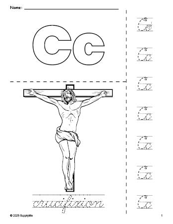 Free printable crucifixion Easter coloring page and cursive letter tracing worksheet, letter c worksheet for preschool, pre-k, and kindergarten, PDF