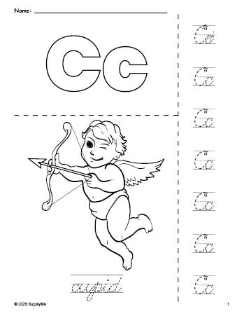 Free printable cupid Valentine's Day coloring page and cursive letter tracing worksheet, letter c worksheet for preschool, pre-k, and kindergarten, PDF