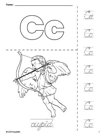Free printable cupid Valentine's Day coloring page and cursive letter tracing worksheet, letter c worksheet for preschool, pre-k, and kindergarten, PDF