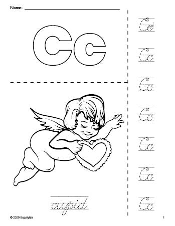 Free printable cupid Valentine's Day coloring page and cursive letter tracing worksheet, letter c worksheet for preschool, pre-k, and kindergarten, PDF