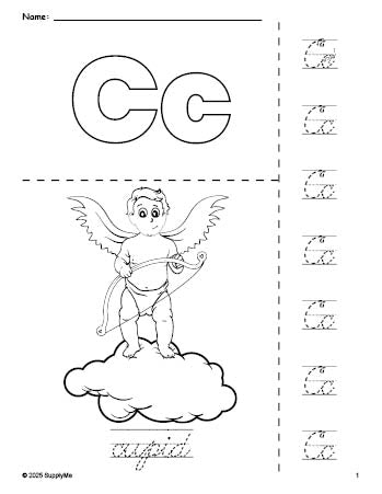 Free printable cupid Valentine's Day coloring page and cursive letter tracing worksheet, letter c worksheet for preschool, pre-k, and kindergarten, PDF