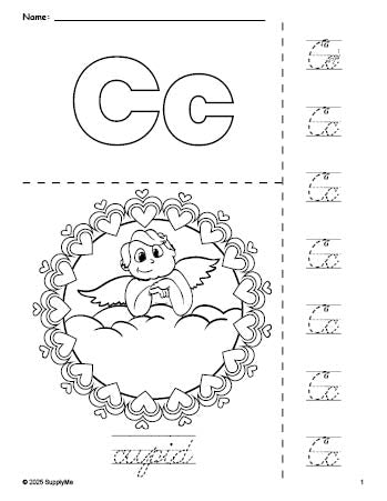 Free printable cupid Valentine's Day coloring page and cursive letter tracing worksheet, letter c worksheet for preschool, pre-k, and kindergarten, PDF
