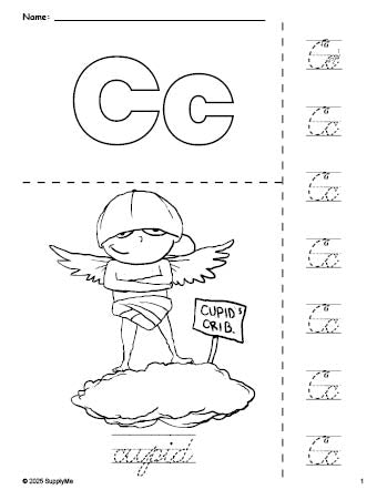 Free printable cupid Valentine's Day coloring page and cursive letter tracing worksheet, letter c worksheet for preschool, pre-k, and kindergarten, PDF