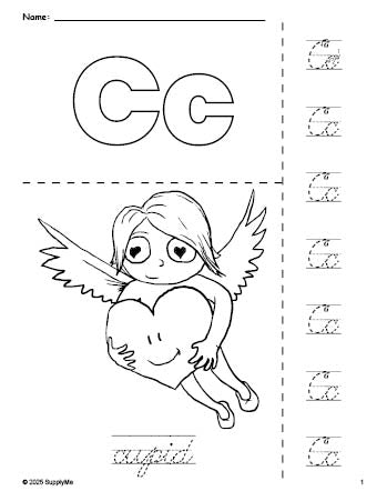 Free printable cupid Valentine's Day coloring page and cursive letter tracing worksheet, letter c worksheet for preschool, pre-k, and kindergarten, PDF