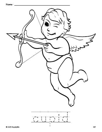 Free printable cupid Valentine's Day coloring page and word tracing worksheet, perfect for preschool, pre-k, and kindergarten, PDF