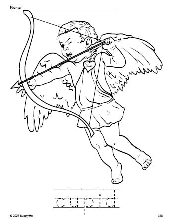 Free printable cupid Valentine's Day coloring page and word tracing worksheet, perfect for preschool, pre-k, and kindergarten, PDF