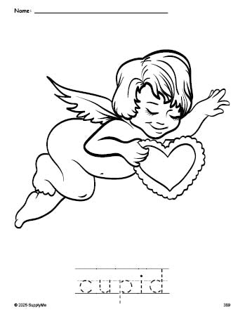 Free printable cupid Valentine's Day coloring page and word tracing worksheet, perfect for preschool, pre-k, and kindergarten, PDF