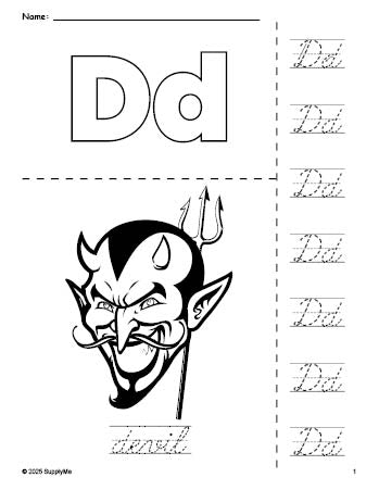 Devilin Cursive FREE Printable Devil Halloween Coloring Page and Cursive Letter Tracing ...