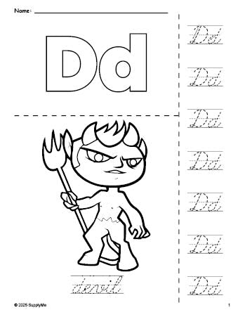 Free printable devil Halloween coloring page and cursive letter tracing worksheet, letter d worksheet for preschool, pre-k, and kindergarten, PDF