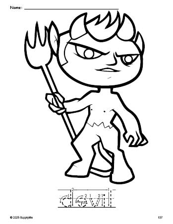 FREE Printable Devil Halloween Coloring Page and Word Tracing Worksheet ...