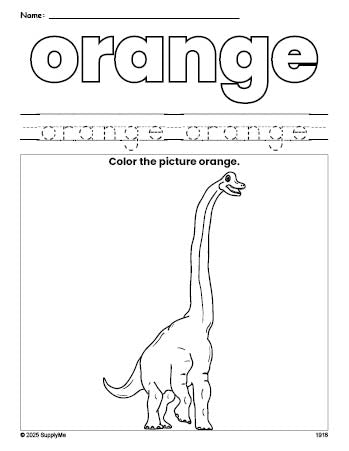 Free dinosaur color orange coloring page and color worksheet, orange worksheet for preschoolers to learn colors, printable PDF