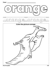 Free dinosaur color orange coloring page and color worksheet, orange worksheet for preschoolers to learn colors, printable PDF